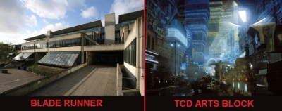 Two images side by side, on the left, of the Arts Block, Trinity College, Dublin, labelled "Bladerunner"; on the right,a screenshot from the movie BladeRunner, labelled "TCD Arts Block"